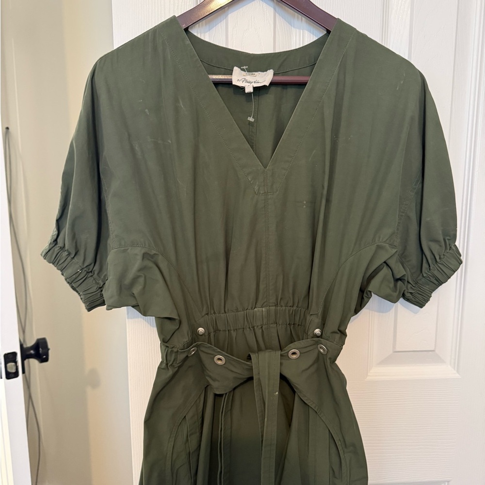 3.1 Phillip Lim Gathered Short Sleeve Midi V-Neck Utility Dress Green Size 2 - Picture 4 of 7